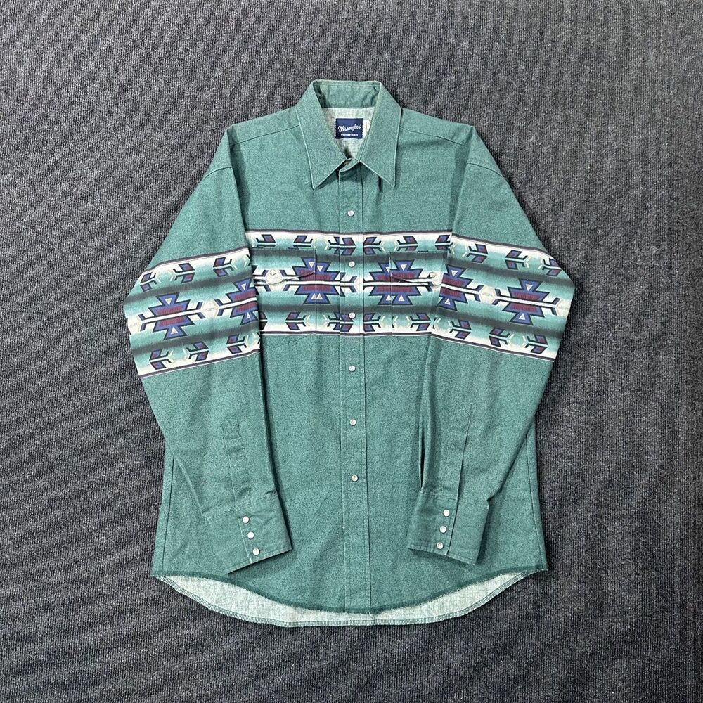 Vintage Wrangler Pear Snap Down Long Sleeve Shirt Size Large Green Aztec Pattern